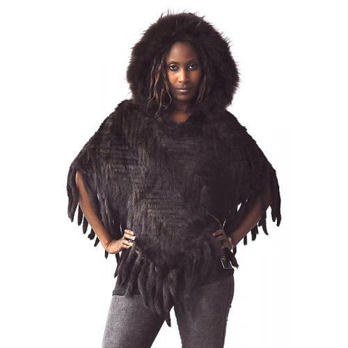 Winter Fur Ladies Brown Genuine Knitted Mink Poncho With Hood W09K05